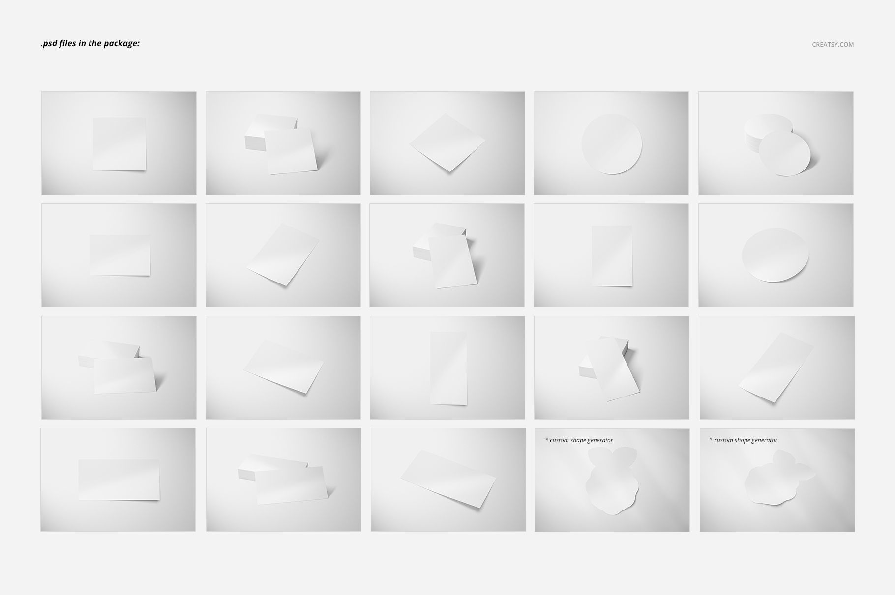 Set of stationery sticker mockups in various shapes including rectangles, circles, and custom forms on a white background.