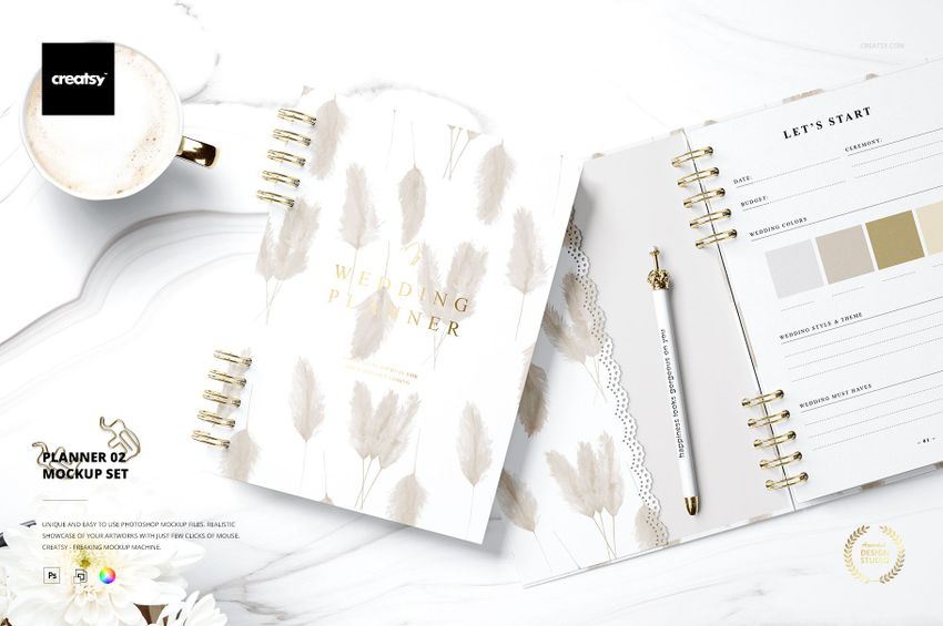Spiral-bound planner with beige leaf pattern cover and open page, gold pen, and white background in stationery mockup.