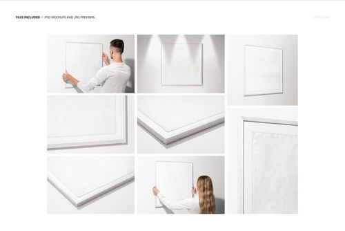 Silk scarf displayed in a square picture frame mockup, shown from various angles against a white wall background.