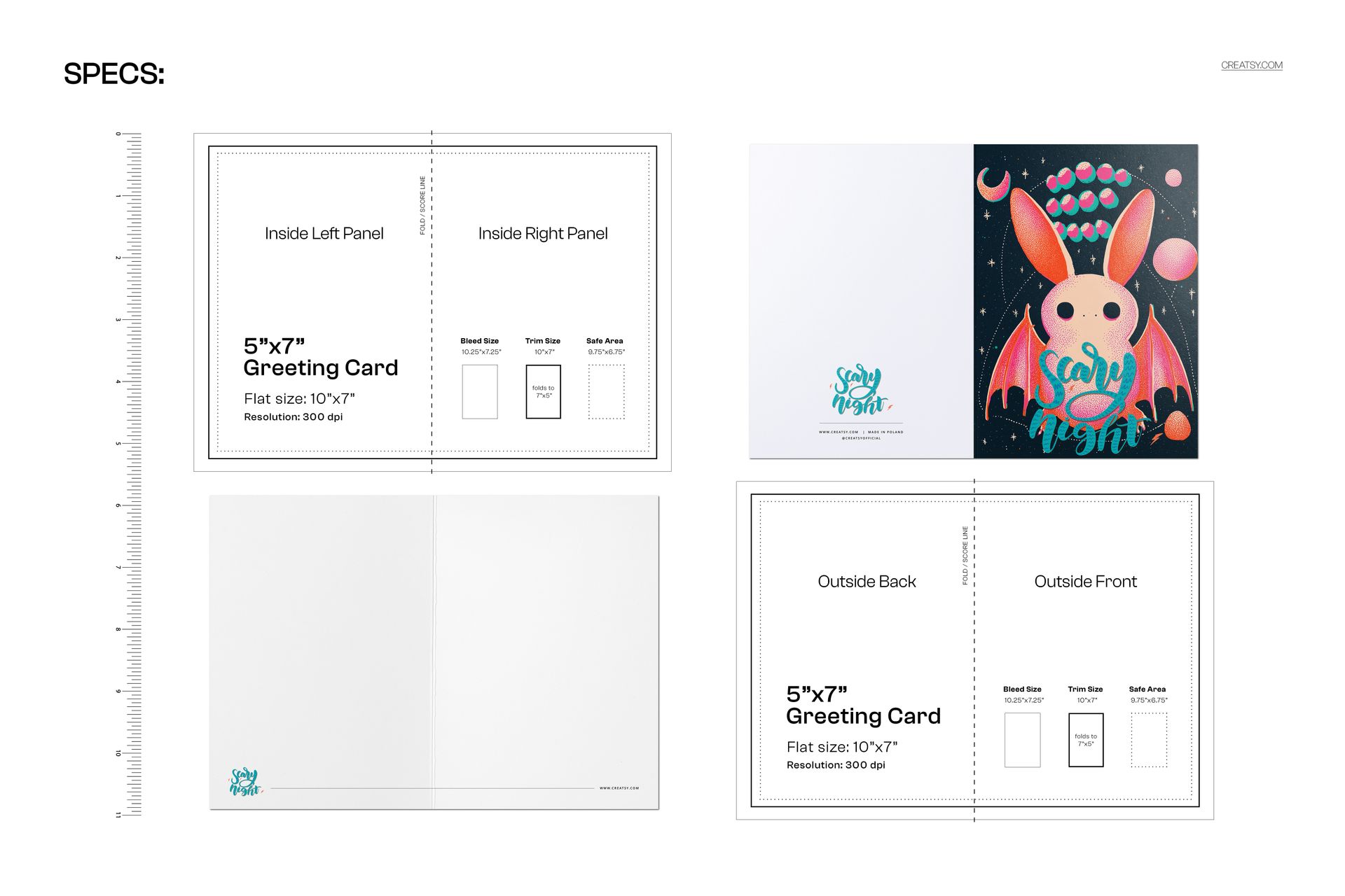 Front and back views of a 5x7 greeting card mockup with a pink bat illustration and Halloween-themed design elements.