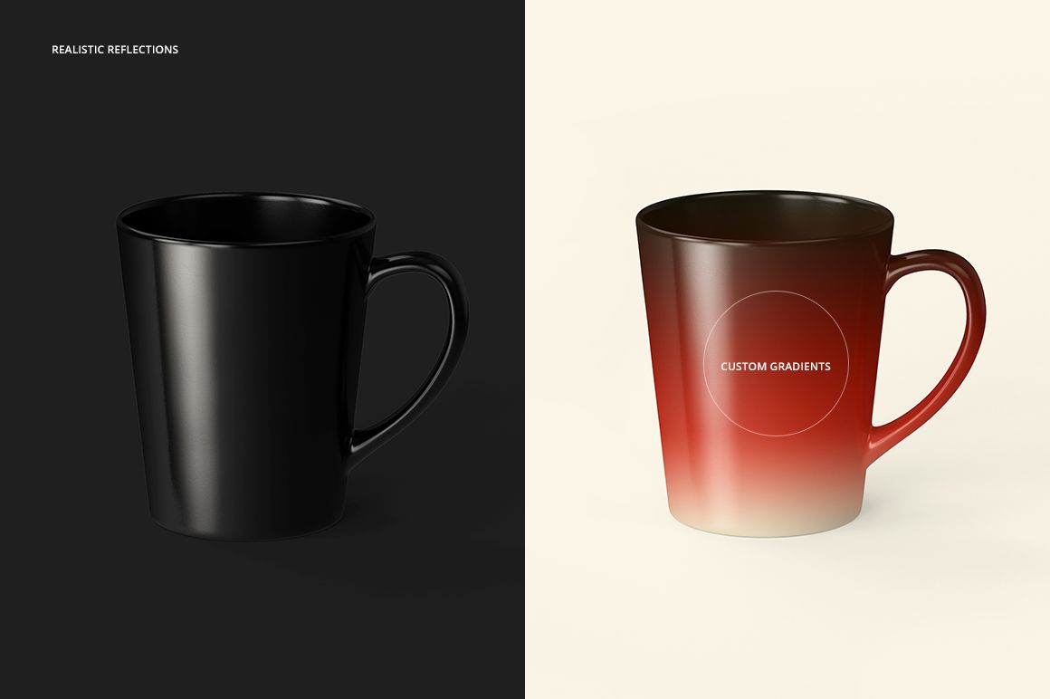 Front view of two 12 oz latte mugs, one in solid black and the other with a red gradient design, on split backgrounds.