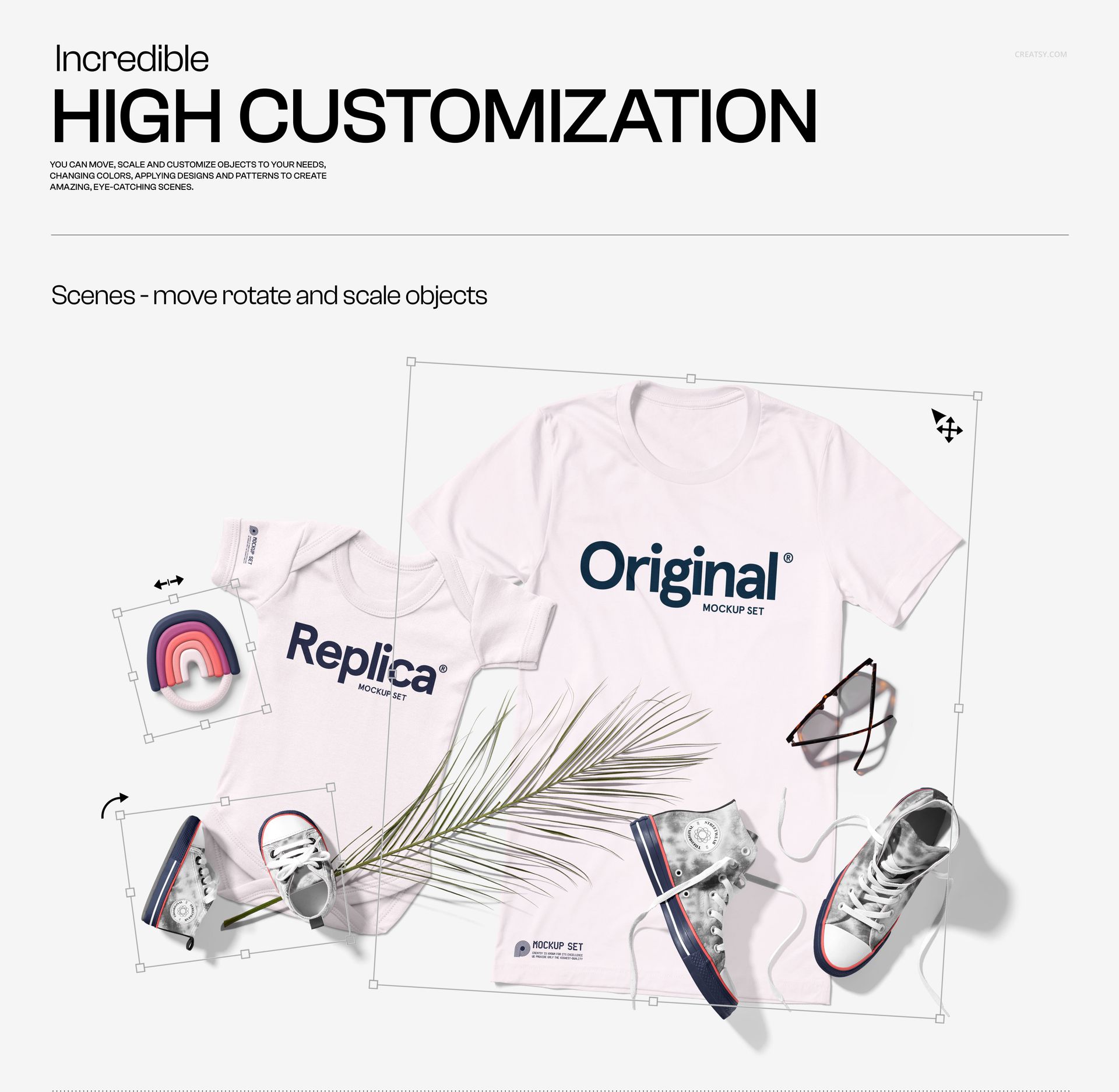 Mockup of family set with adult and child white t-shirts, sneakers, leaves, and rainbow decoration arranged on a pale surface.