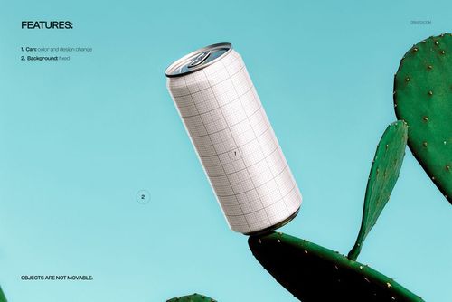 Mockup of a plain beverage can positioned on a cactus, featuring a grid overlay and blue backdrop, slightly angled.