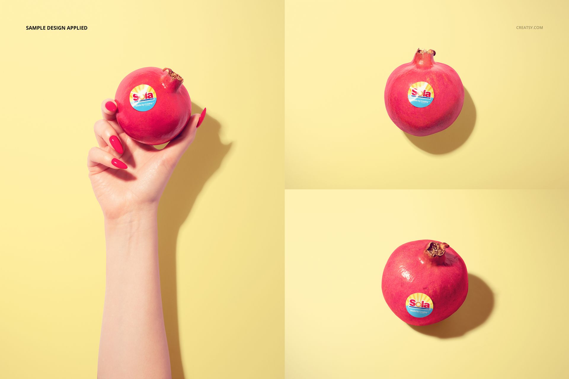 Round fruit sticker mockup featuring a pomegranate with a colorful label, shown in hand and on a yellow background.