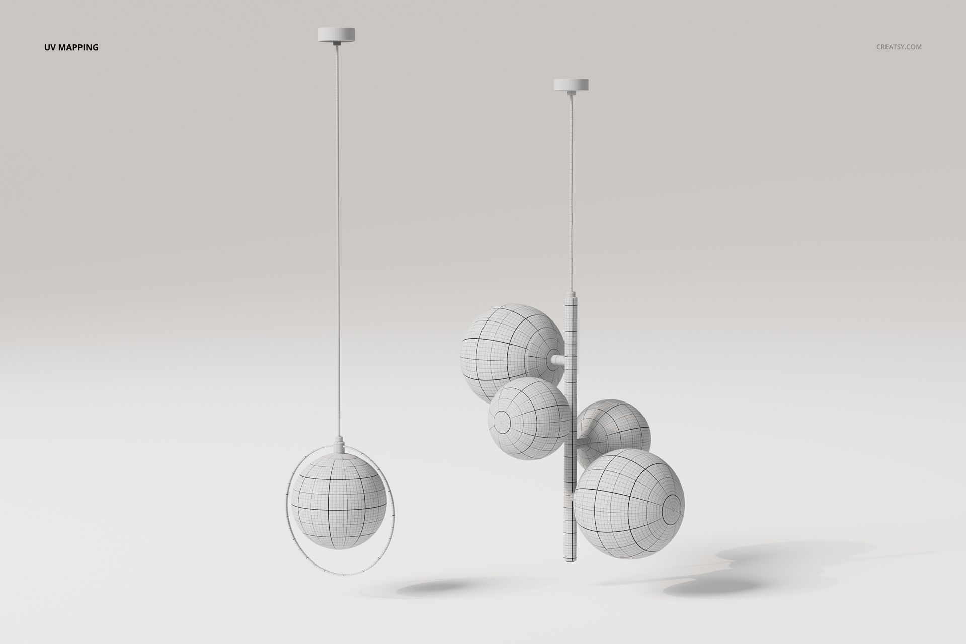 Front view of modern globe ceiling lamps 3D model with wireframe texture, featuring spherical shapes suspended from cords.