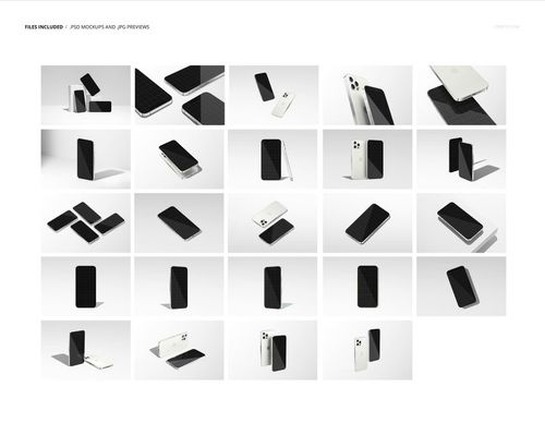 Set of iPhone 12 Pro mockups in various angles and positions, showing front, back, and side views on white background.