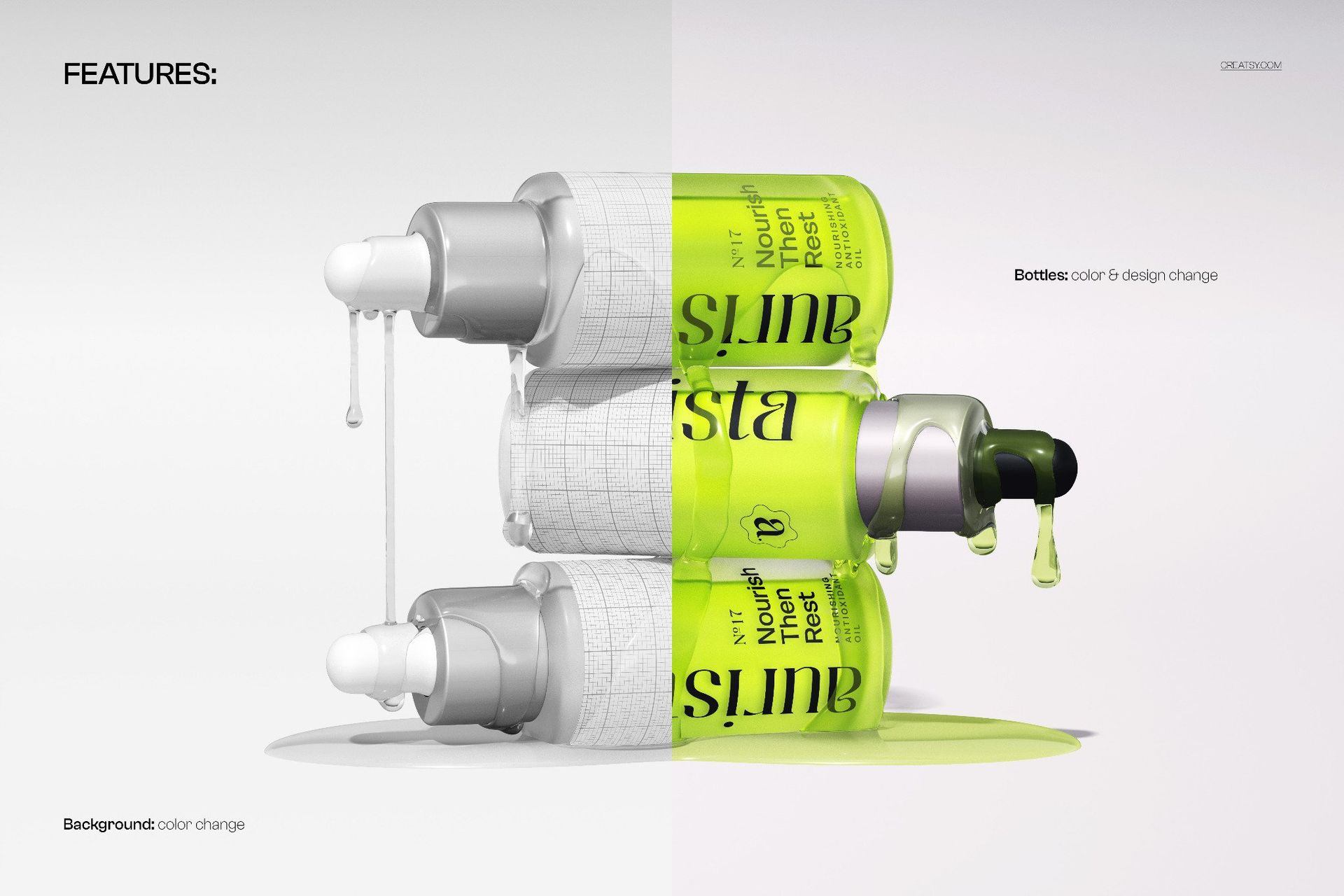 Front view of stacked dropper bottles with dripping liquid, left side shows blank mockup and right side features neon green labels.