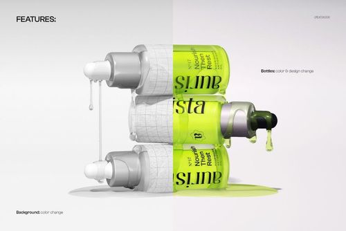 Front view of stacked dropper bottles with dripping liquid, left side shows blank mockup and right side features neon green labels.