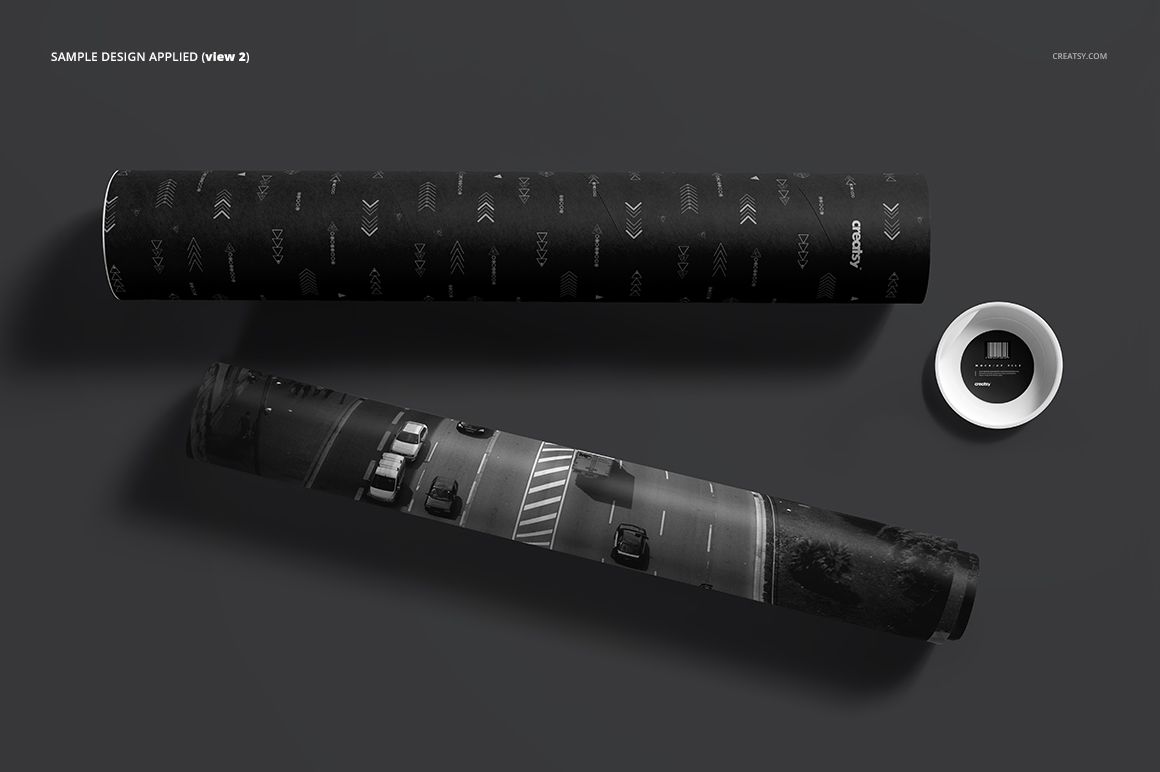Mailing tube mockup set featuring one tube with a black patterned exterior and another with a street illustration.