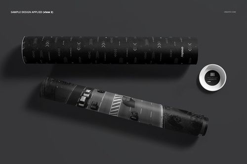 Mailing tube mockup set featuring one tube with a black patterned exterior and another with a street illustration.