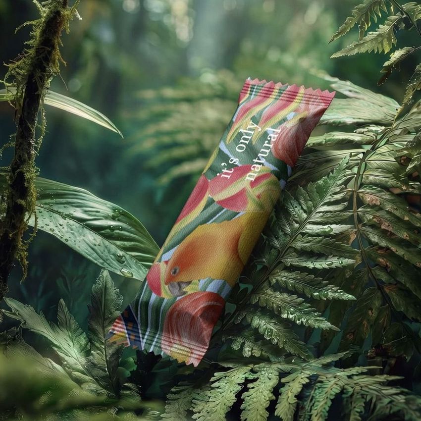 Candy bar mockup featuring a colorful wrapper with tropical animal and foliage design, placed among lush green jungle leaves.