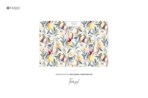 Front view of a bullet fabric mockup featuring a colorful fruit and leaf pattern on a rectangular fabric piece.