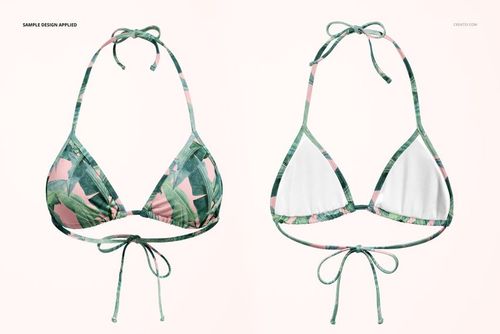 Triangle bikini mockup featuring a tropical leaf pattern in green and pink, shown from the front and back on a light background.