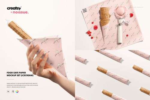 Ice cream cone wrapped in pink patterned food safe paper, displayed with utensils and mockup sheets on a light background.