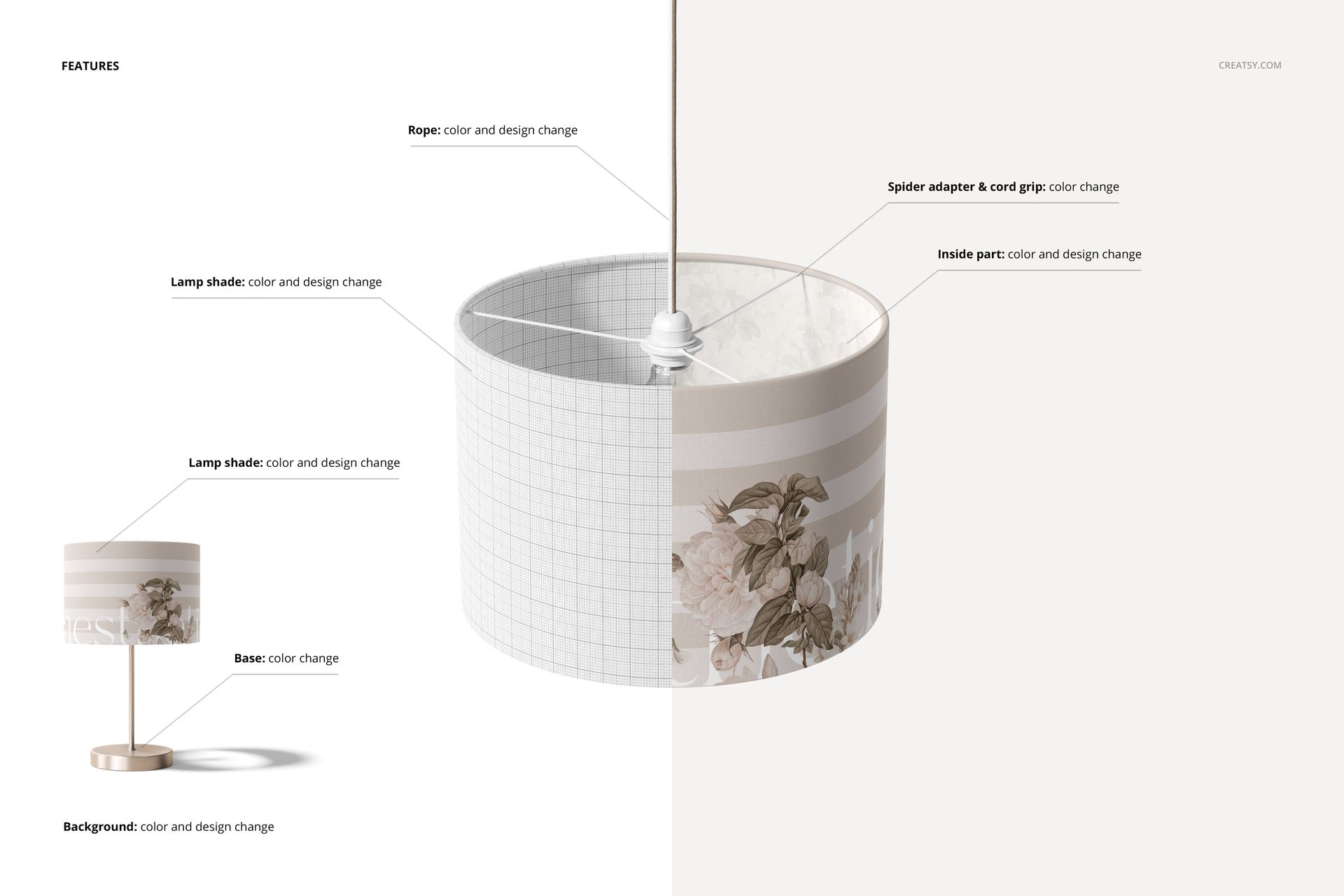 Lamp shade mockup showing a cylindrical shade with floral design, split view of wireframe and realistic rendering, front angle.