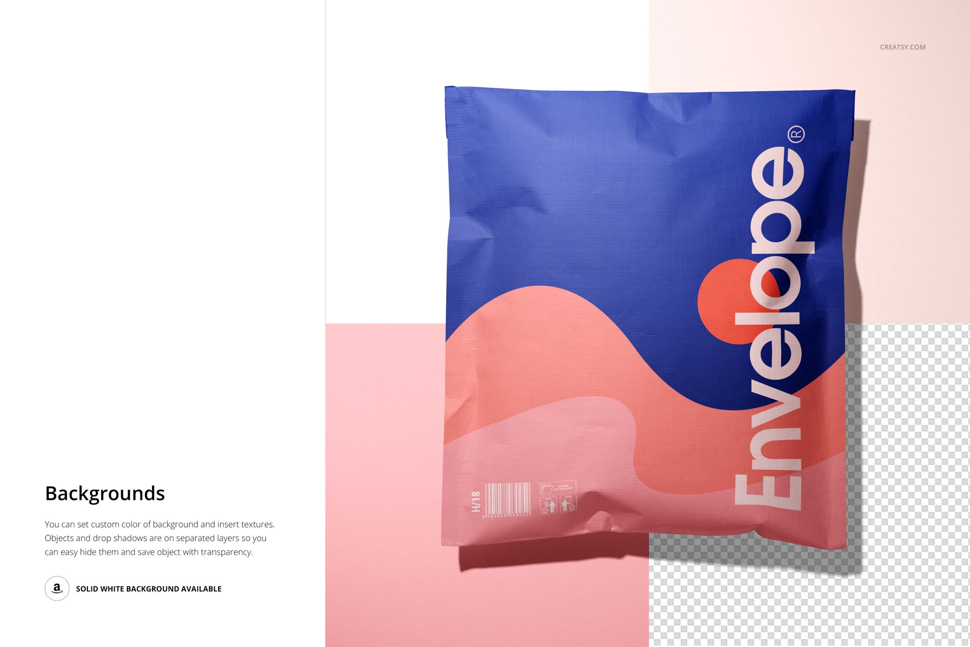 Cloth lined envelope mockup featuring bold blue and pink colors, placed on a split pink and white backdrop.