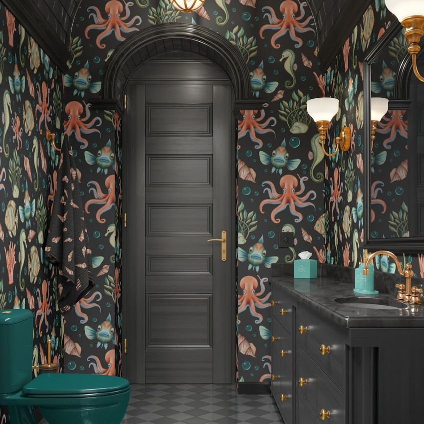 Vintage bathroom mockup with dark walls covered in colorful underwater sea life wallpaper, teal toilet, and gold fixtures.