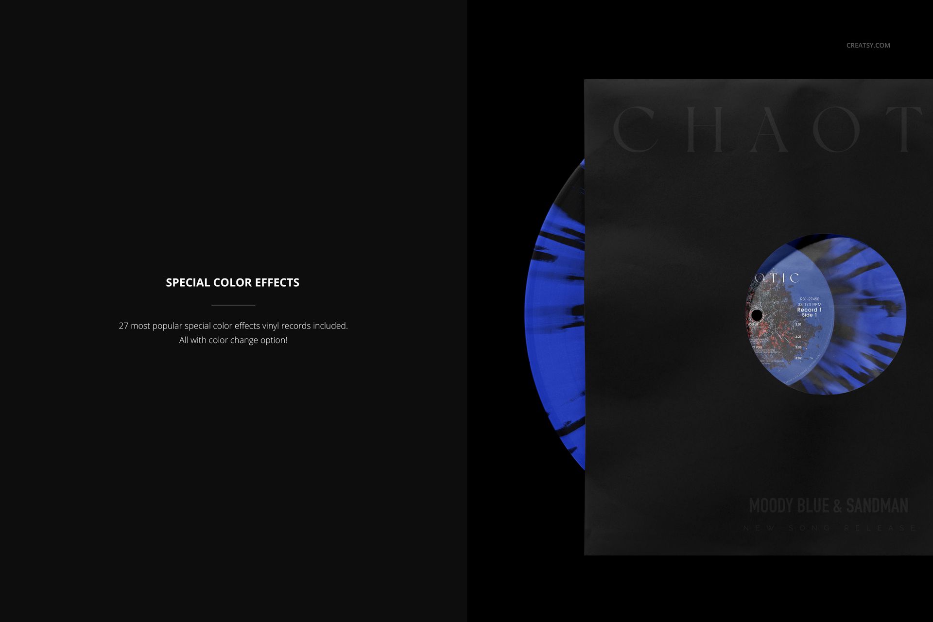 Colored vinyl record with blue and black marbled pattern partially visible inside a black paper sleeve, top view mockup.