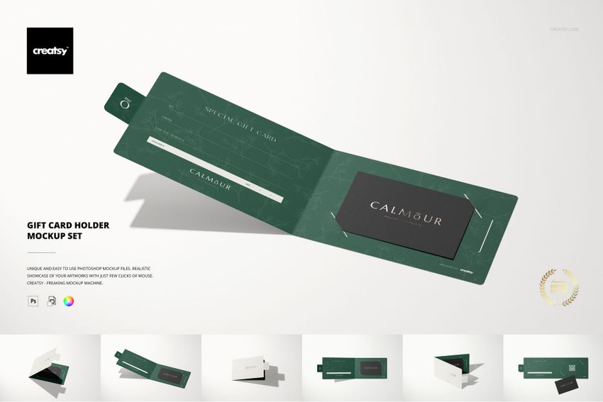 Gift card holder mockup featuring a dark green holder and matching card, shown open and flat from above.