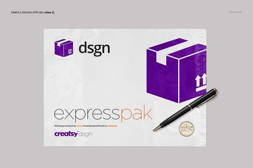 White packaging bag mockup with purple shipping icon, black pen, and gold seal, displayed on a neutral surface.