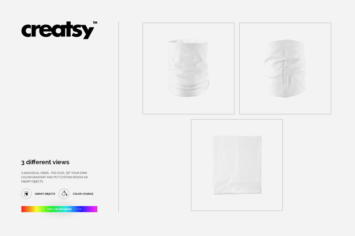 Neck gaiter mockup set showing three white fabric accessories in different views, including front and flat lay perspectives.