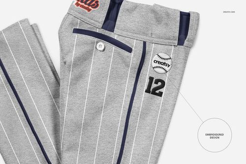 Gray melange baseball pants mockup featuring vertical white pinstripes, navy accents, and embroidered details on a white background.