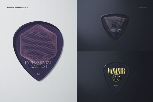PSD mockup showing close-up views of transparent guitar picks, each with distinct patterns and typography.