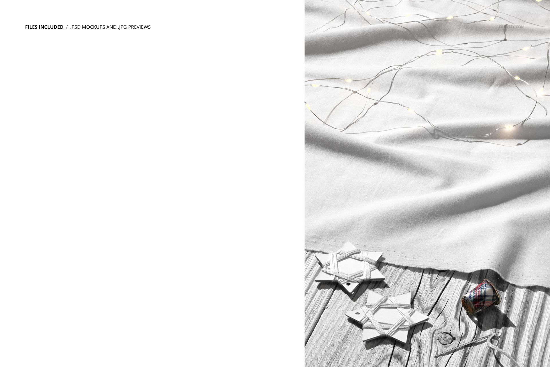 Christmas-themed cotton fabric mockup featuring delicate light strings, placed on wood with paper ornaments nearby.