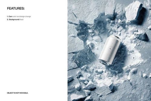 Top view of a cylindrical can mockup lying in a snow crater, surrounded by scattered chunks of snow and ice.