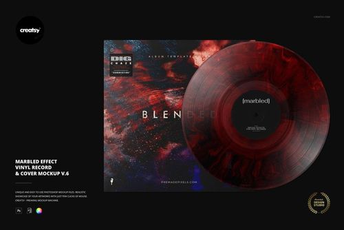 PSD mockup showing a vinyl record with marbled red and black colors next to a cover featuring abstract artwork.