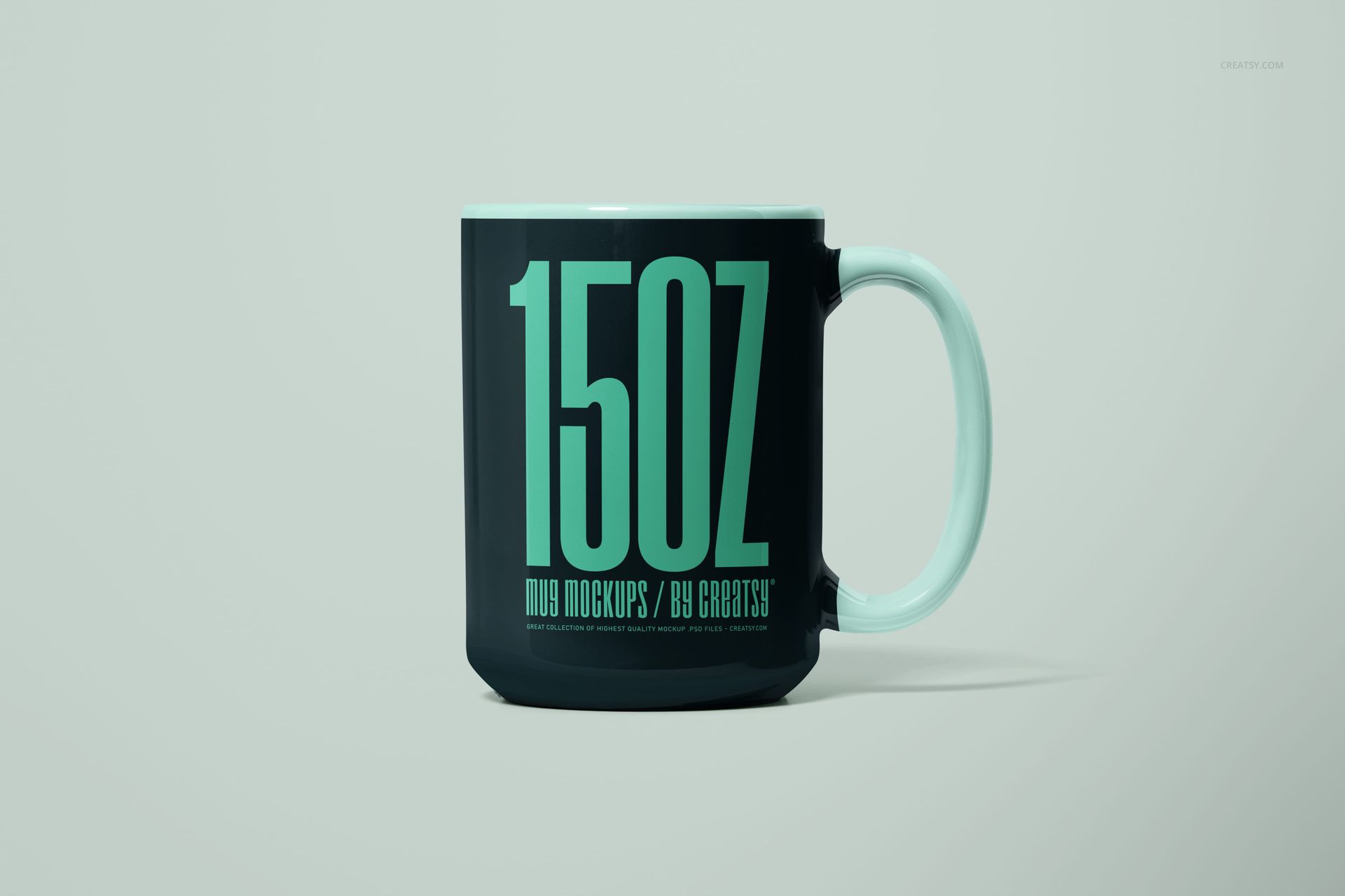 Front view of a 15oz mug mockup featuring a bold turquoise design, placed against a minimalist backdrop.