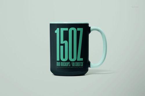 Front view of a 15oz mug mockup featuring a bold turquoise design, placed against a minimalist backdrop.