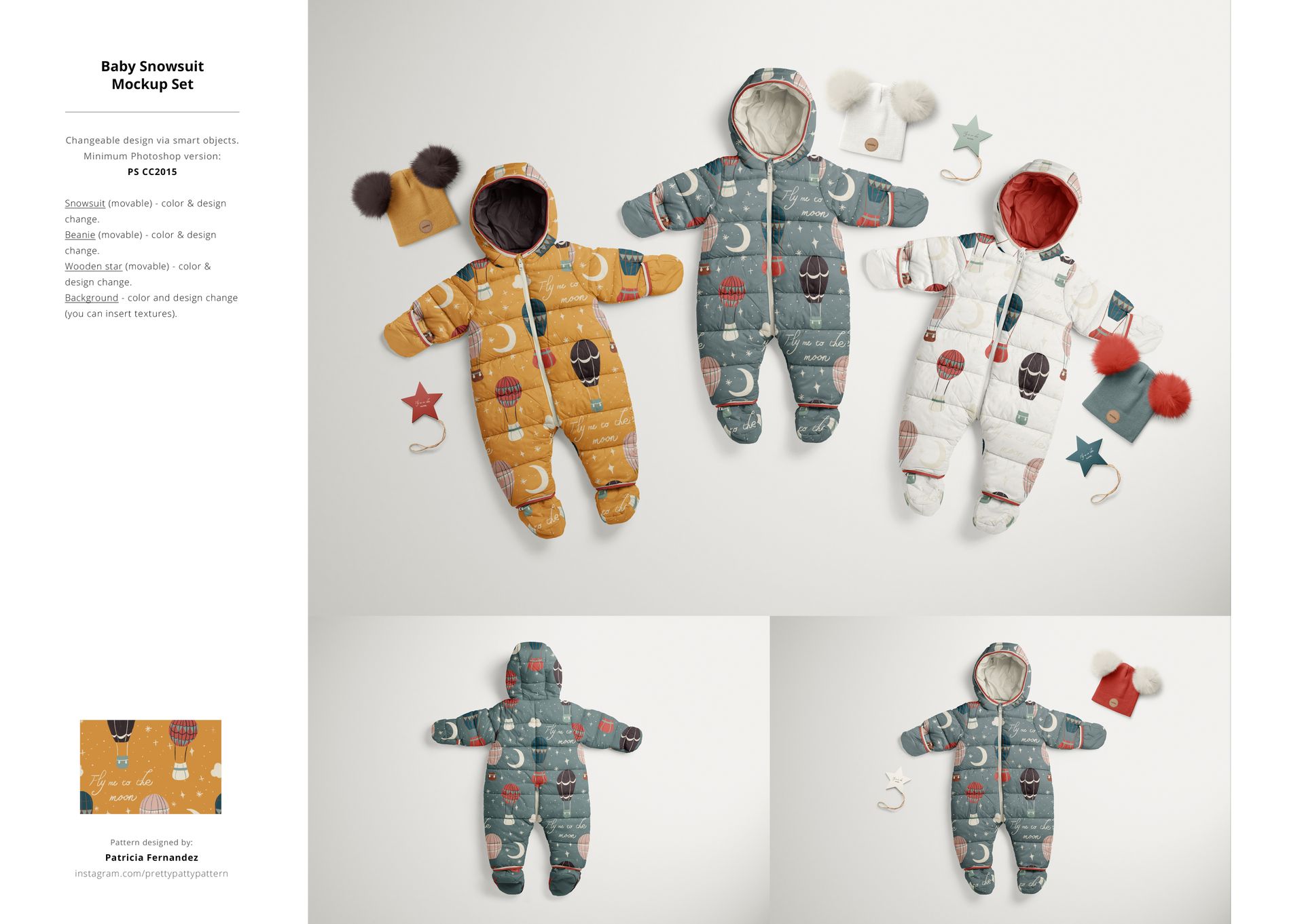 PSD mockup showing colorful baby snowsuits with fun designs, presented with hats and star props on a light surface.