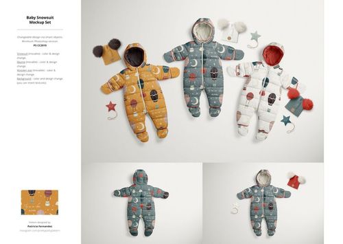 PSD mockup showing colorful baby snowsuits with fun designs, presented with hats and star props on a light surface.