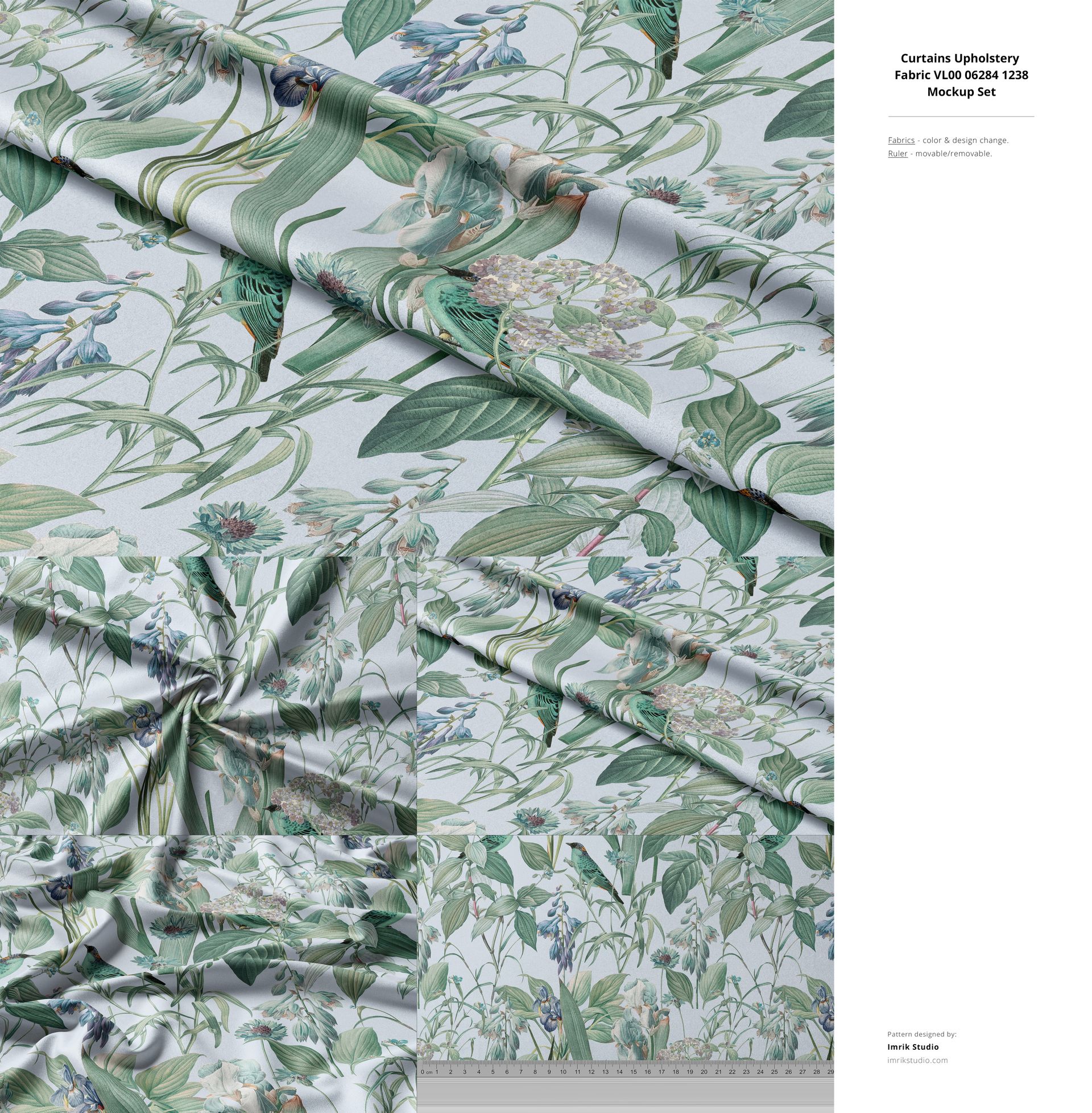 Folded fabric with a botanical pattern featuring green leaves and birds, shown in a close-up top view mockup scene.