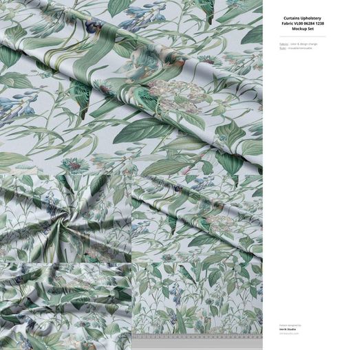 Folded fabric with a botanical pattern featuring green leaves and birds, shown in a close-up top view mockup scene.