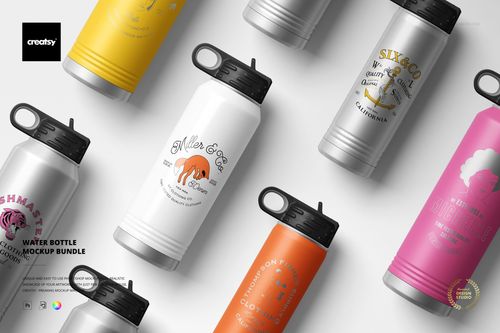 Colorful water bottles with unique graphics and black lids shown in a scattered layout, highlighting PSD mockup versatility.