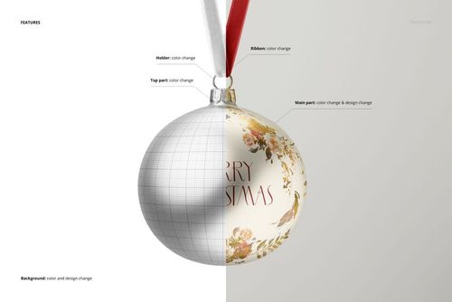 Front view of a satin Christmas ball mockup, half in grid pattern and half with floral design, suspended by velvet ribbon.