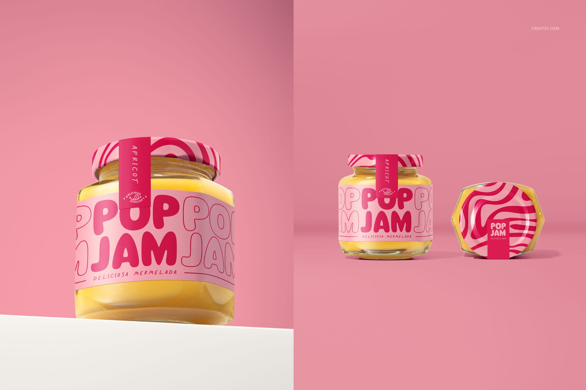 PSD mockup featuring a glass jam jar with apricot marmalade, pink wrap, and matching decorative lid on a pink surface.