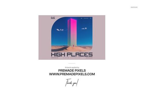 7 inch black vinyl record mockup with a square cover featuring a tall pink and blue monolith on a sandy beach background.