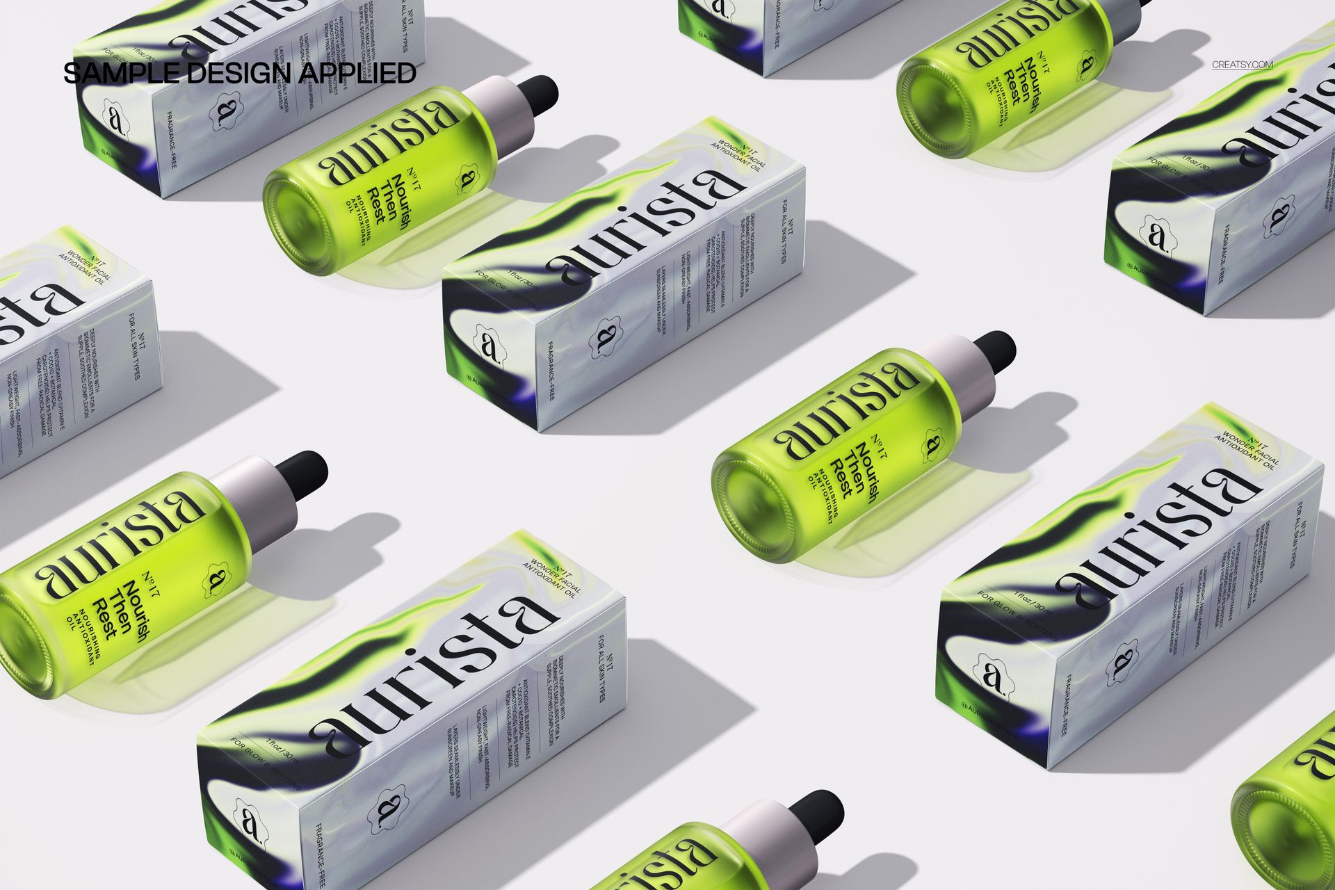 Top view of several serum bottles with black caps and green packaging boxes, displayed in a repeating mockup pattern.