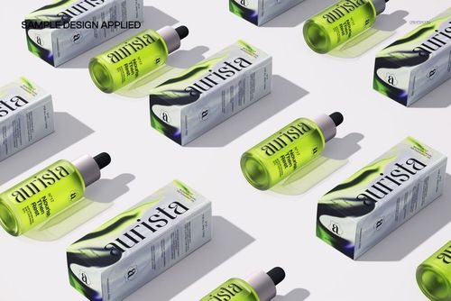 Top view of several serum bottles with black caps and green packaging boxes, displayed in a repeating mockup pattern.