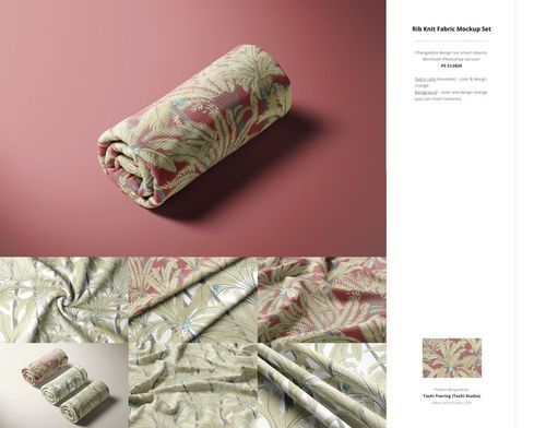 Fabric mockup bundle featuring a folded textile with leafy design in soft green and beige on a pink background.