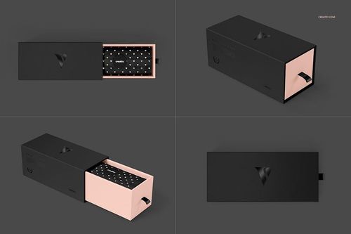 Rectangular gift box mockup with black exterior, sliding drawer, and soft pink interior, shown from multiple angles.