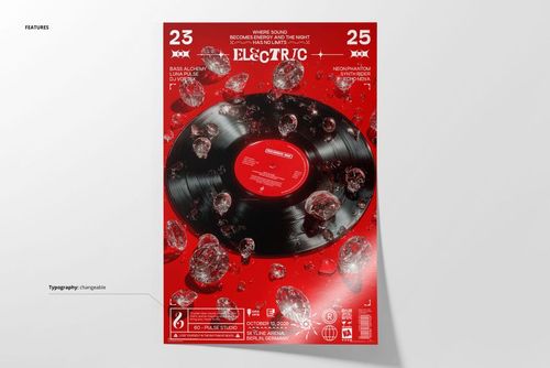 Vinyl Diamonds poster mockup featuring a black record, transparent diamond shapes, and vibrant red backdrop.