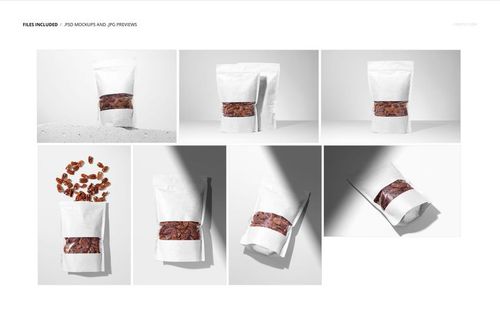 Paper pouch packaging mockup for chopped pecans, shown in various angles including front, back, and flat lay views.