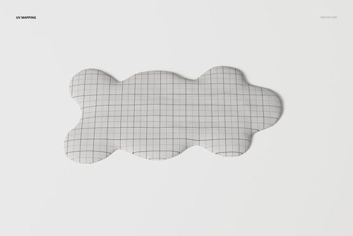 Top view of a faux sheepskin rug with an irregular organic shape, featuring a gray grid pattern on a white background.