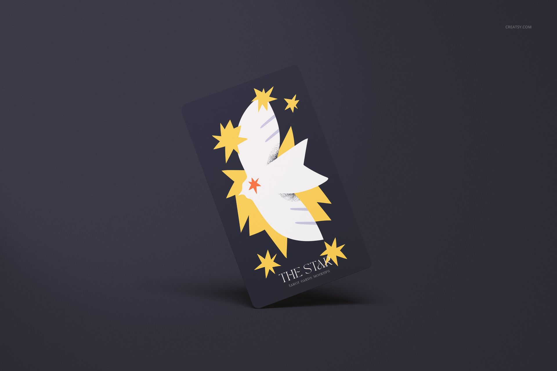Tarot card mockup featuring a dark background, abstract star and comet illustration, and upright card perspective.