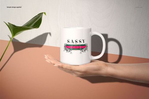 Front view of a white 11oz mug with a decorative design, held by a hand against a two-tone background with a green leaf.
