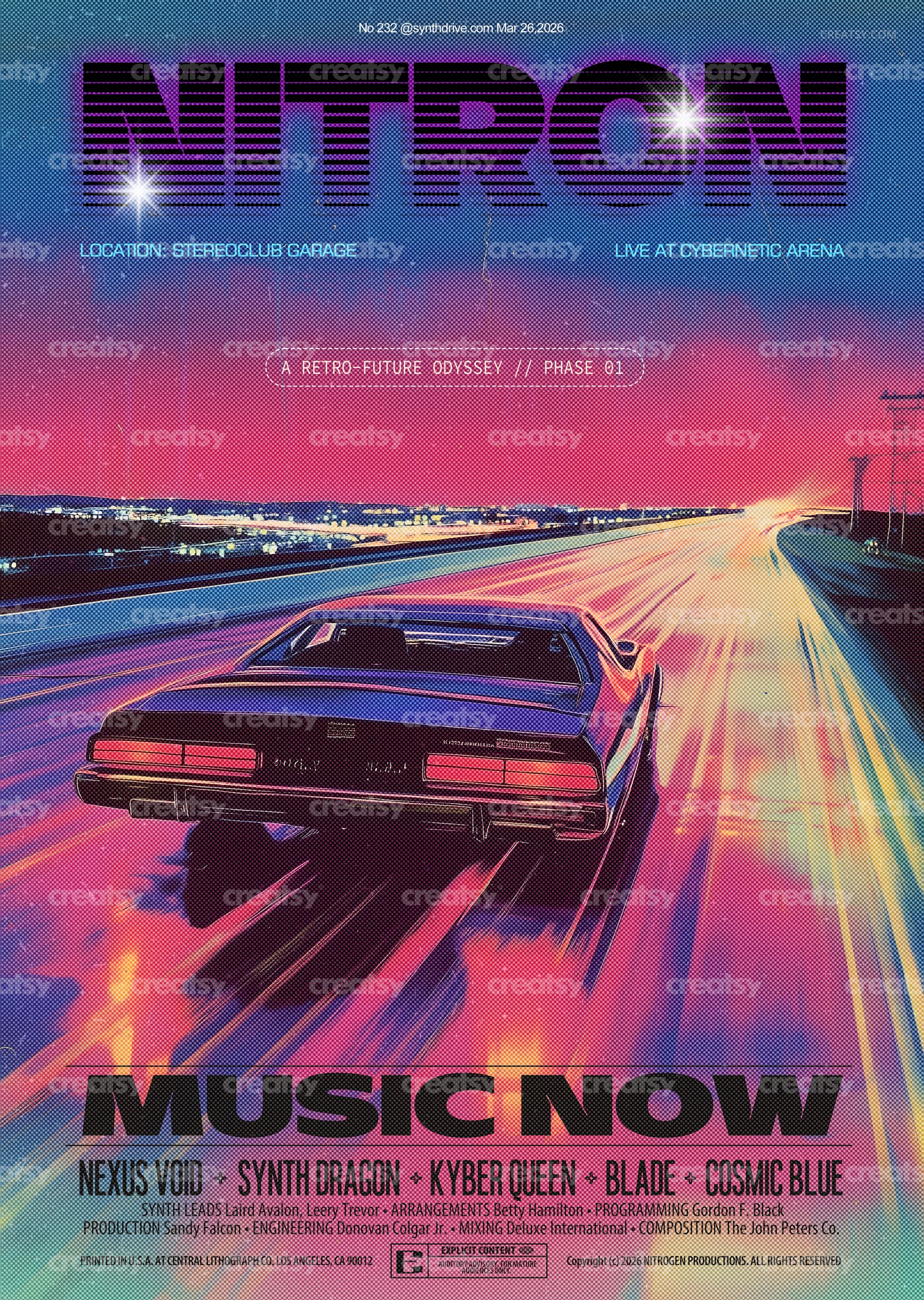Front view of a cyberpunk-inspired poster mockup with a classic car speeding through a futuristic cityscape.